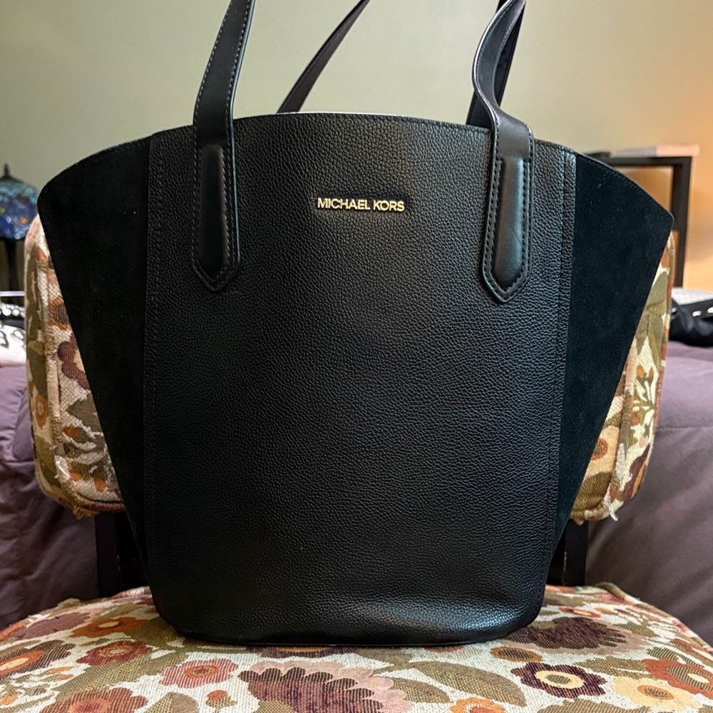 Michael Kors Black Leather & Suede Tote with Gold Logo
